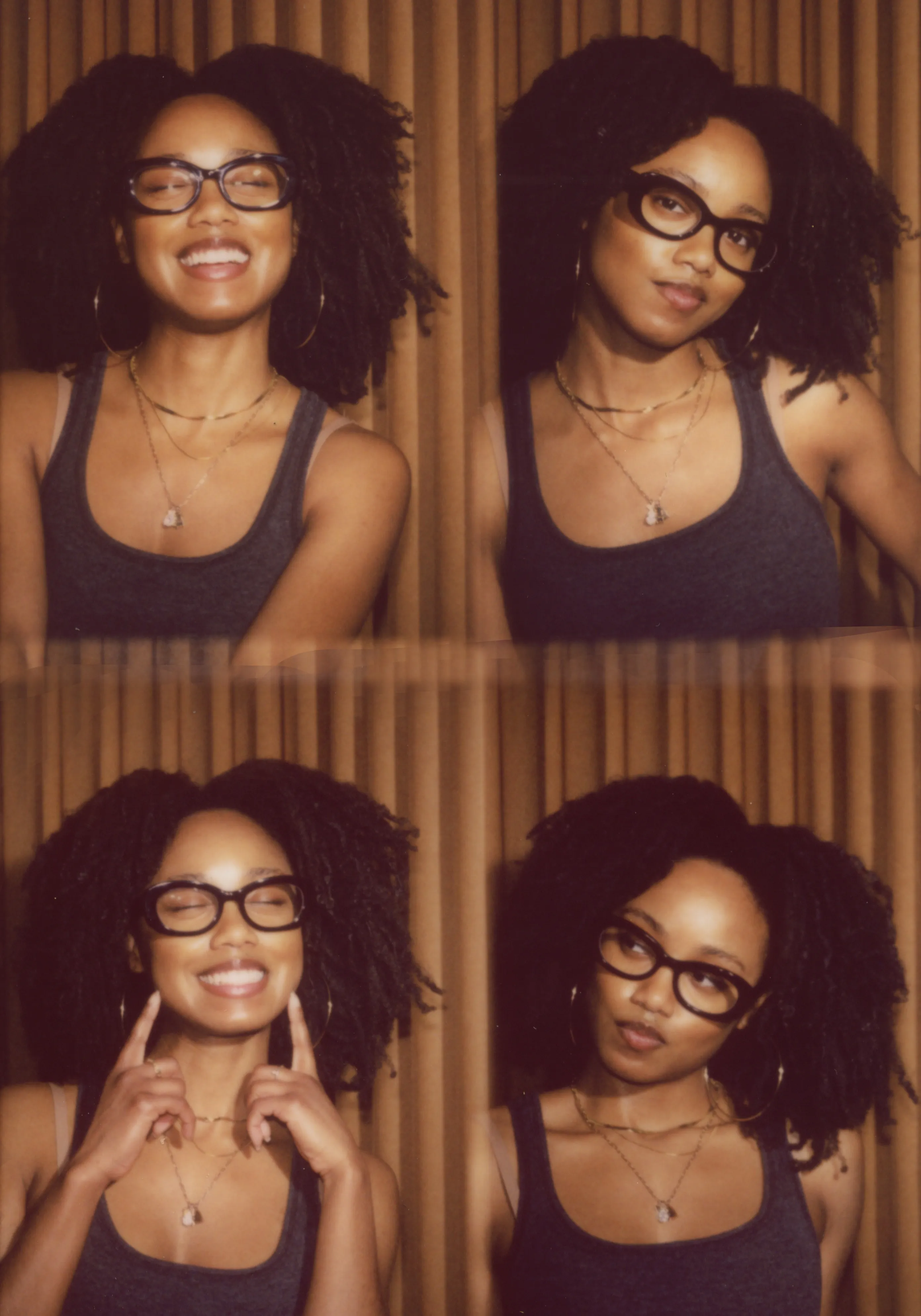 A warm color four-frame photo booth print made with our film emulation: a guest in glasses and hoop earrings, four poses against the pleated backdrop