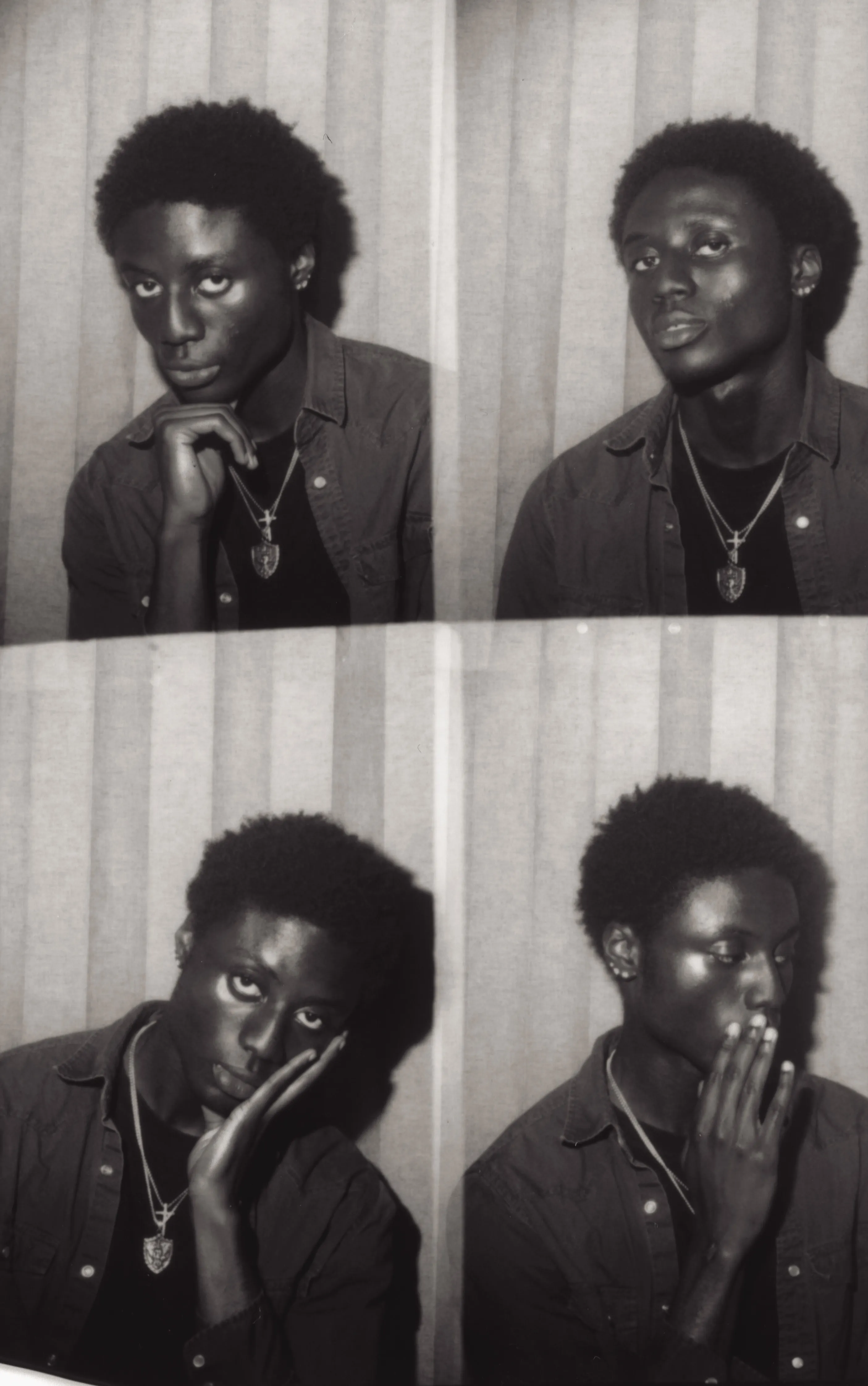 Instant film photo booth sample print: four black and white frames of a guest in a denim shirt, chin on hand, against a light curtain