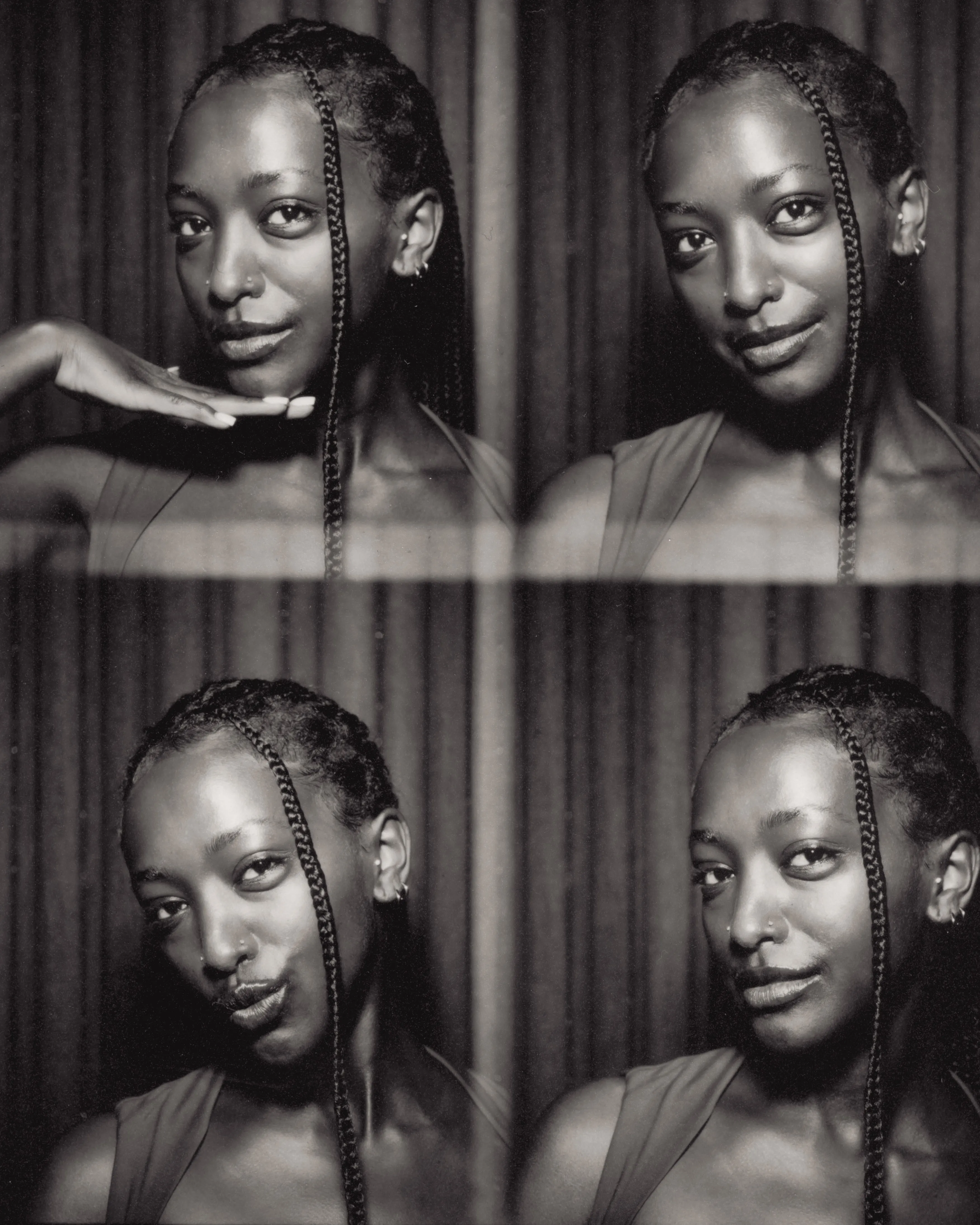 A black and white four-frame vintage photo booth print: a guest with braids, four poses against the booth curtain